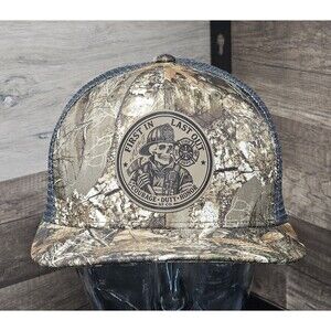 Firefighter Skull Leather Patch Hat RF CO. First In Last Out 5 Panel Snapback